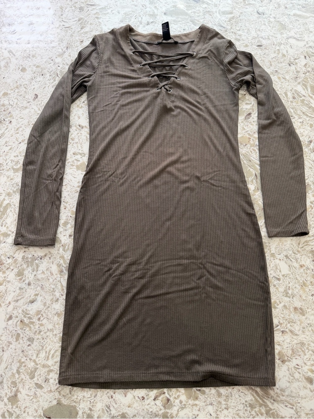 Forever 21 Olive Ribbed Lace-Up Long Sleeve Dress
